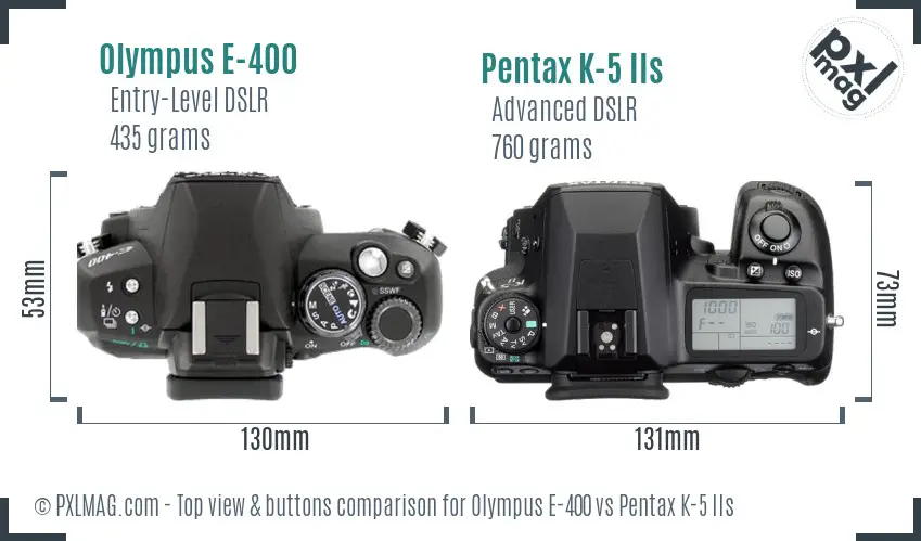 Olympus E-400 vs Pentax K-5 IIs top view buttons comparison