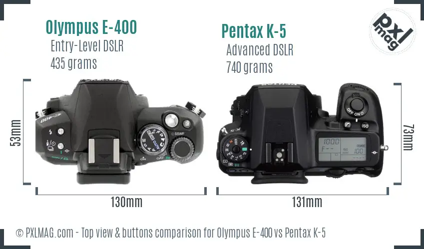 Olympus E-400 vs Pentax K-5 top view buttons comparison
