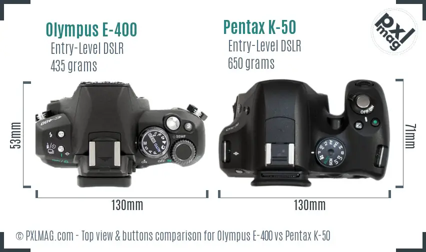 Olympus E-400 vs Pentax K-50 top view buttons comparison