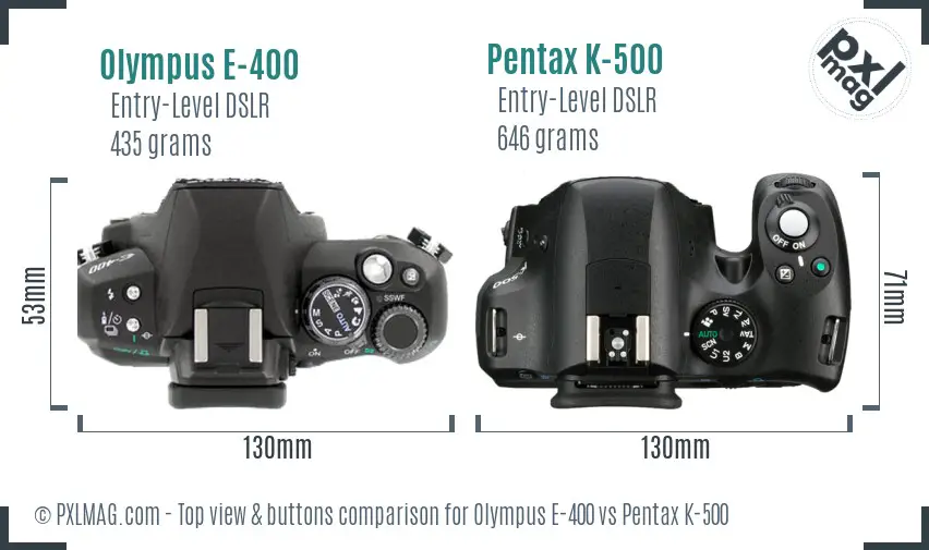 Olympus E-400 vs Pentax K-500 top view buttons comparison