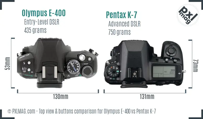 Olympus E-400 vs Pentax K-7 top view buttons comparison