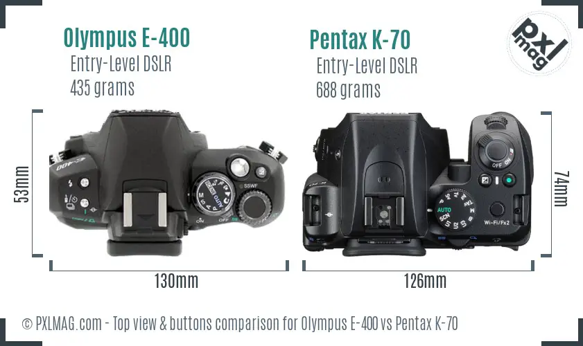 Olympus E-400 vs Pentax K-70 top view buttons comparison