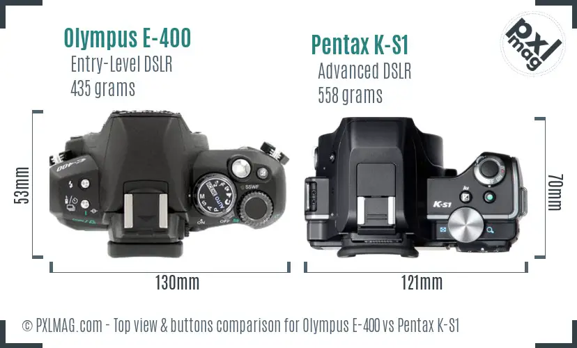 Olympus E-400 vs Pentax K-S1 top view buttons comparison