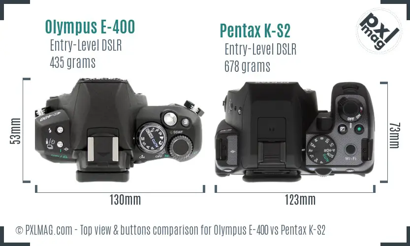 Olympus E-400 vs Pentax K-S2 top view buttons comparison