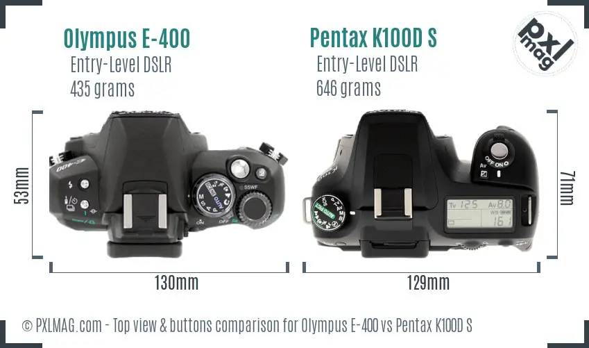 Olympus E-400 vs Pentax K100D S top view buttons comparison