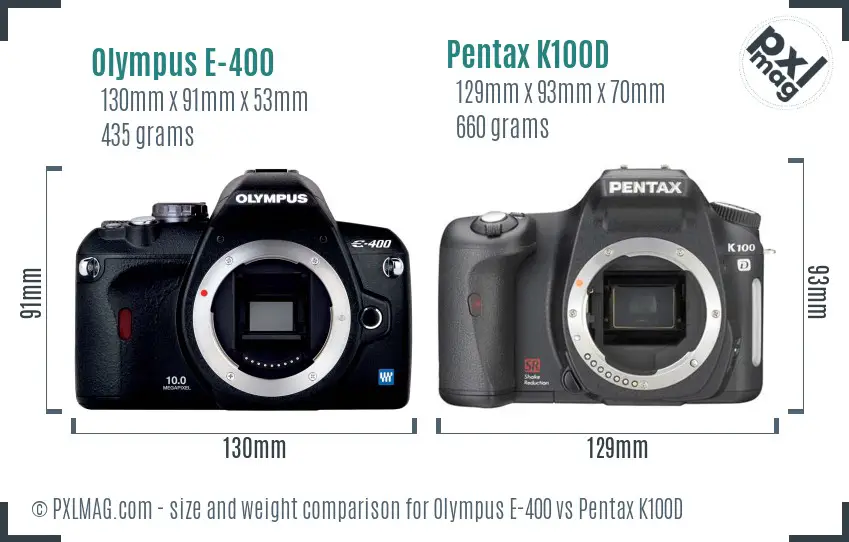Olympus E-400 vs Pentax K100D size comparison