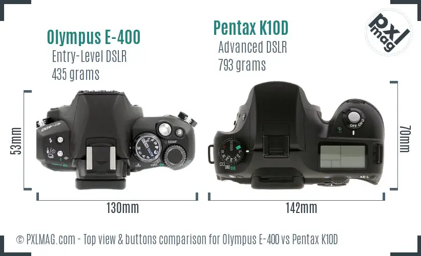 Olympus E-400 vs Pentax K10D top view buttons comparison