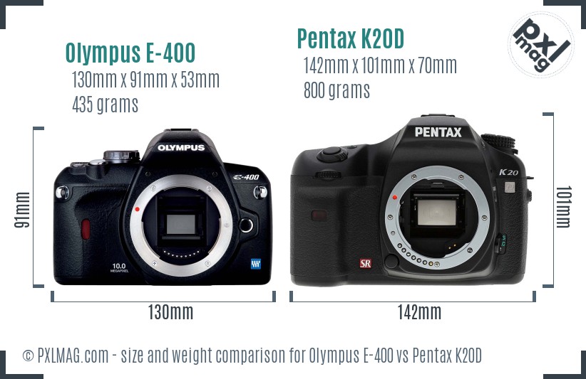 Olympus E-400 vs Pentax K20D size comparison