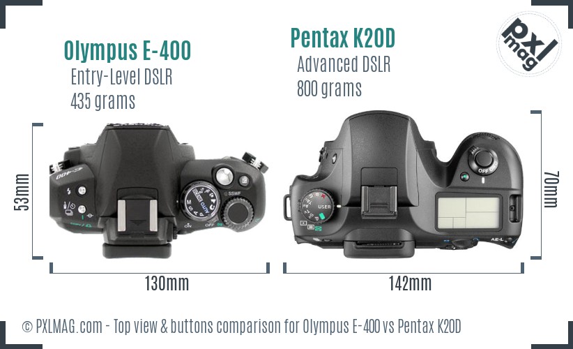 Olympus E-400 vs Pentax K20D top view buttons comparison