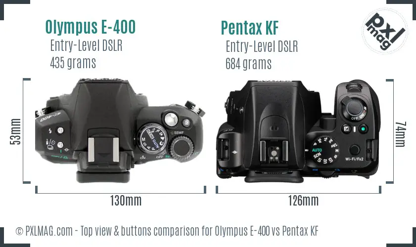 Olympus E-400 vs Pentax KF top view buttons comparison