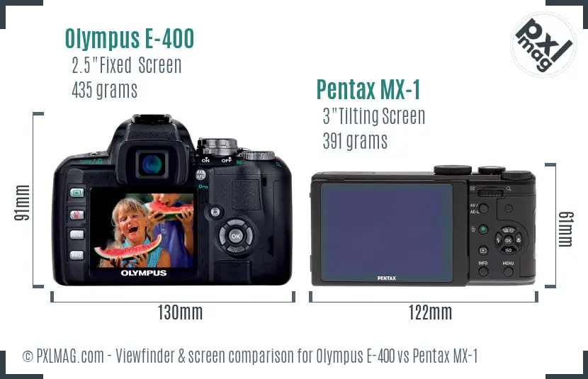 Olympus E-400 vs Pentax MX-1 Screen and Viewfinder comparison