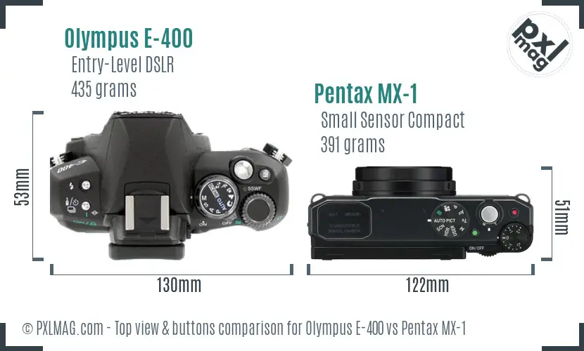 Olympus E-400 vs Pentax MX-1 top view buttons comparison