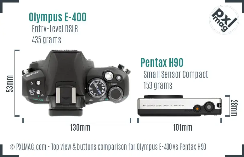 Olympus E-400 vs Pentax H90 top view buttons comparison