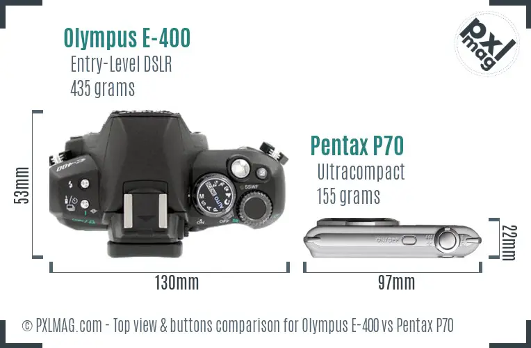 Olympus E-400 vs Pentax P70 top view buttons comparison
