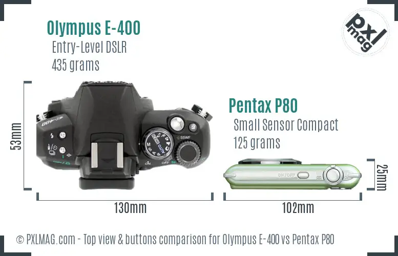 Olympus E-400 vs Pentax P80 top view buttons comparison