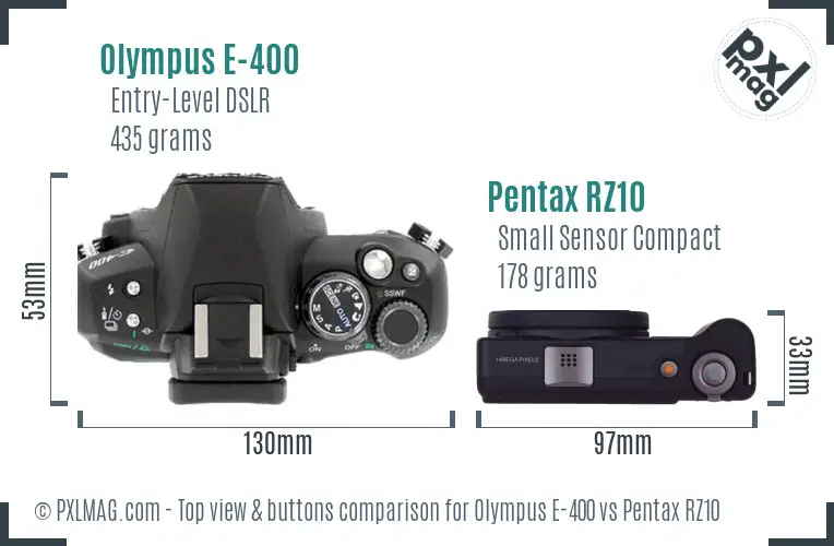 Olympus E-400 vs Pentax RZ10 top view buttons comparison