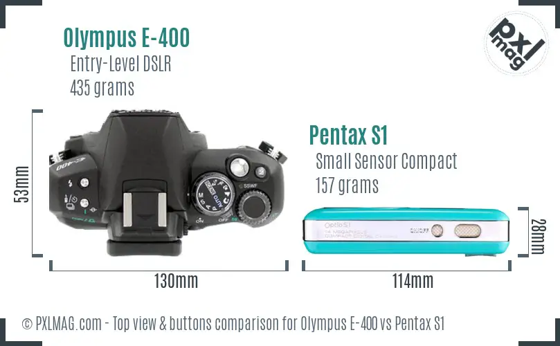 Olympus E-400 vs Pentax S1 top view buttons comparison