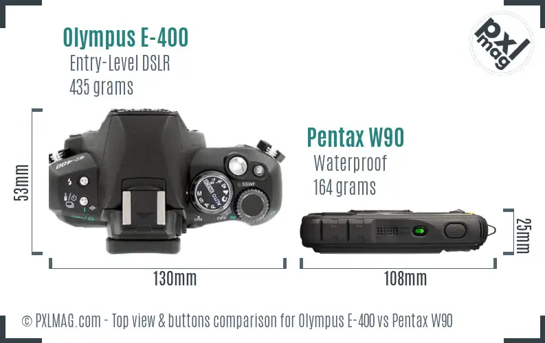 Olympus E-400 vs Pentax W90 top view buttons comparison