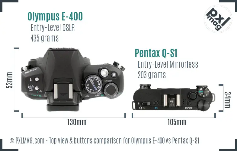 Olympus E-400 vs Pentax Q-S1 top view buttons comparison