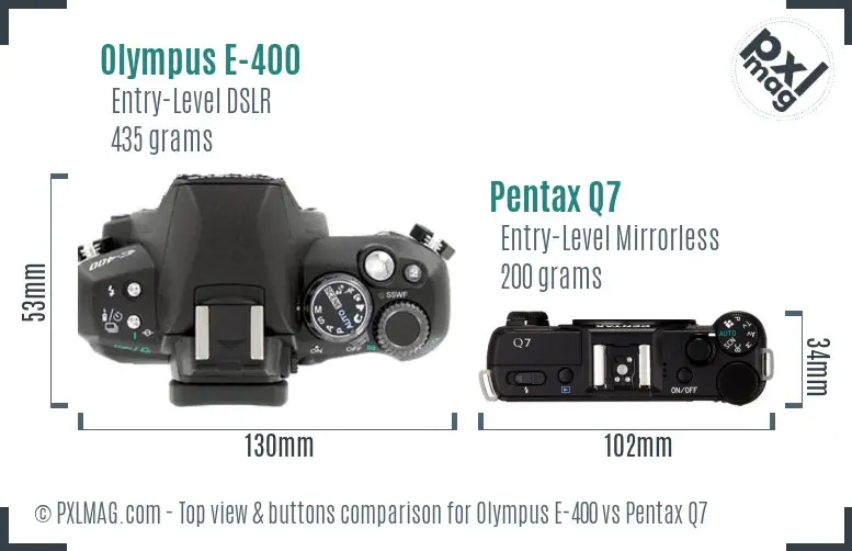 Olympus E-400 vs Pentax Q7 top view buttons comparison