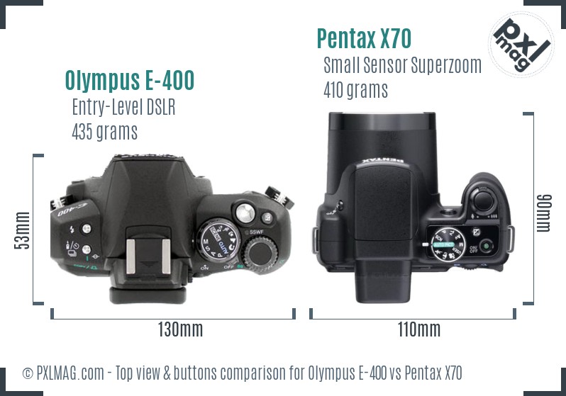 Olympus E-400 vs Pentax X70 top view buttons comparison