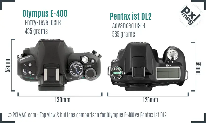 Olympus E-400 vs Pentax ist DL2 top view buttons comparison