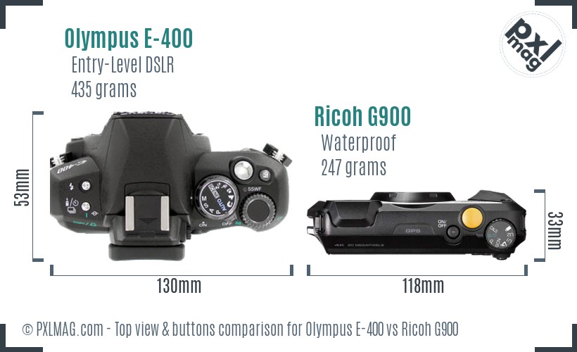 Olympus E-400 vs Ricoh G900 top view buttons comparison