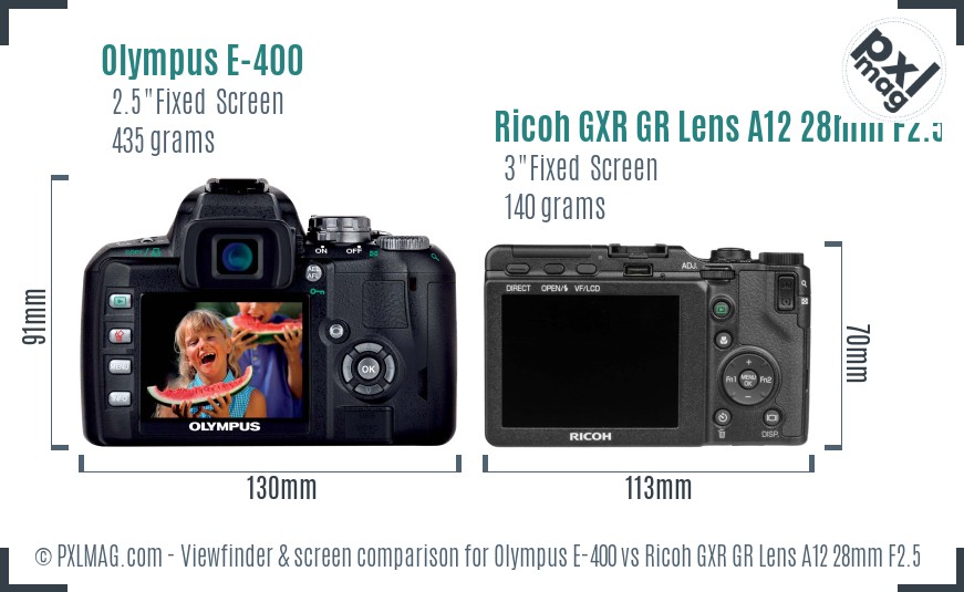 Olympus E-400 vs Ricoh GXR GR Lens A12 28mm F2.5 Screen and Viewfinder comparison