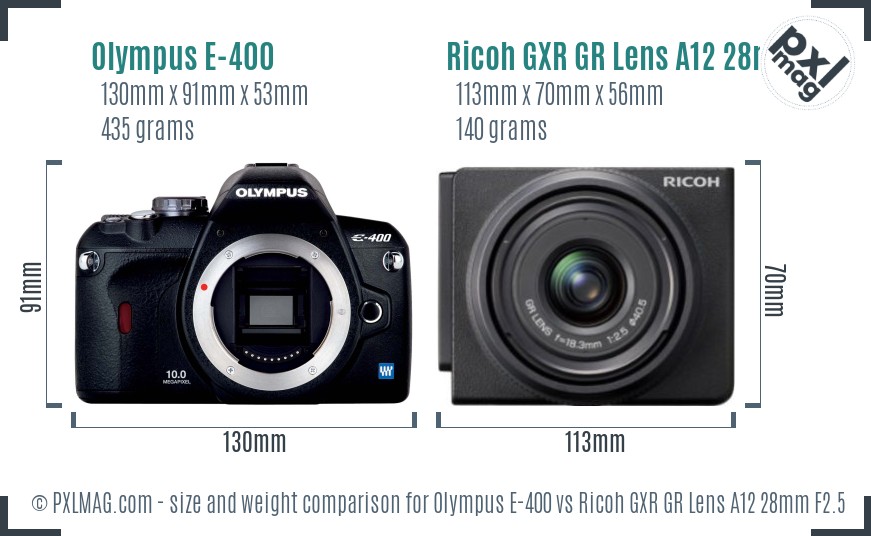 Olympus E-400 vs Ricoh GXR GR Lens A12 28mm F2.5 size comparison Olympus E-400 vs Ricoh GXR GR Lens A12 28mm F2.5 size comparison