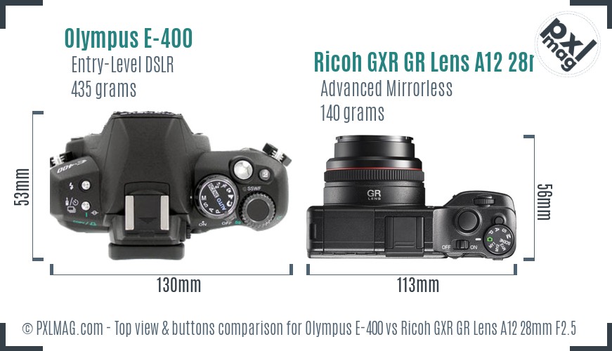 Olympus E-400 vs Ricoh GXR GR Lens A12 28mm F2.5 top view buttons comparison