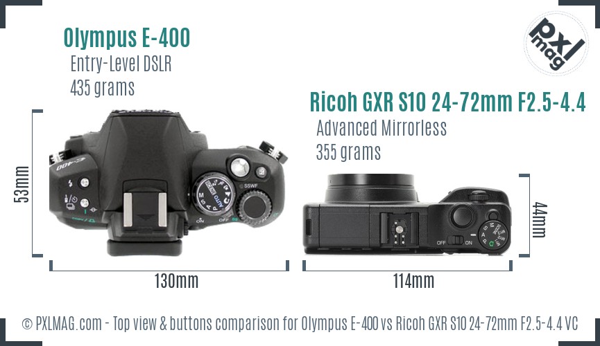Olympus E-400 vs Ricoh GXR S10 24-72mm F2.5-4.4 VC top view buttons comparison