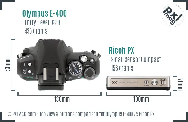 Olympus E-400 vs Ricoh PX top view buttons comparison