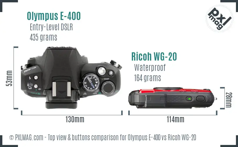 Olympus E-400 vs Ricoh WG-20 top view buttons comparison