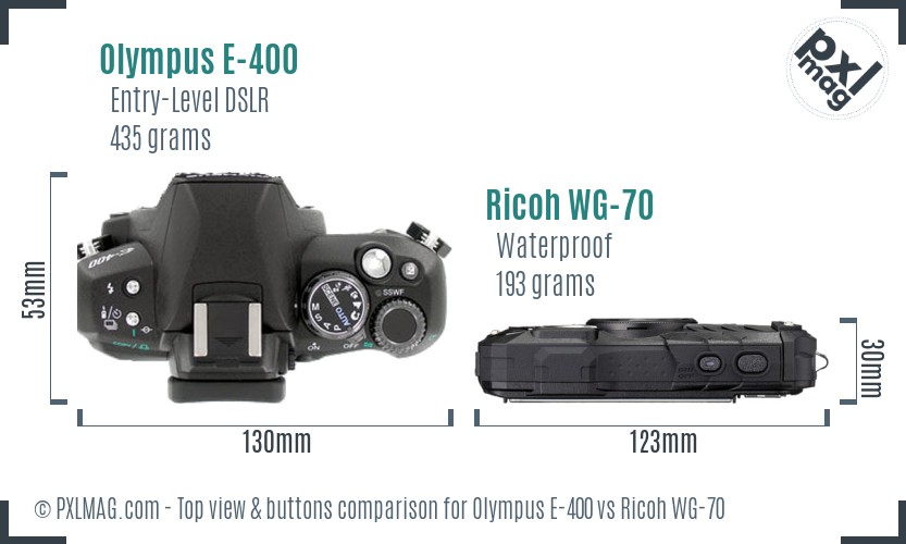 Olympus E-400 vs Ricoh WG-70 top view buttons comparison