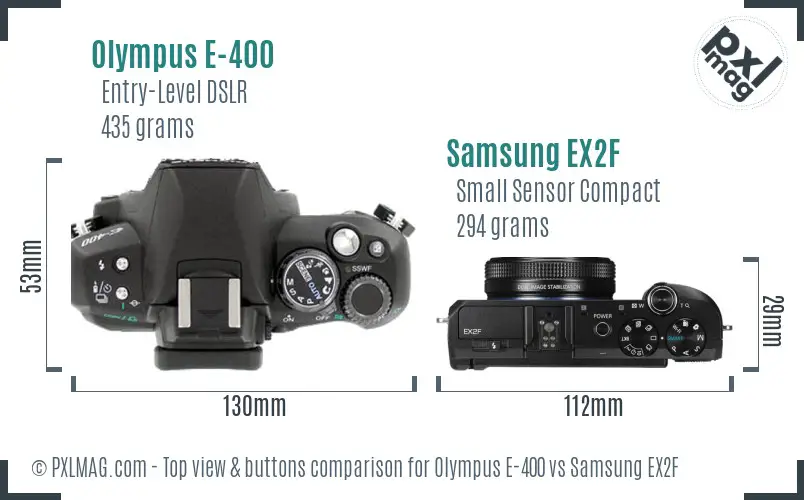 Olympus E-400 vs Samsung EX2F top view buttons comparison