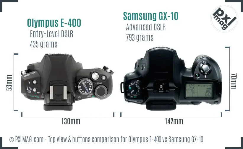 Olympus E-400 vs Samsung GX-10 top view buttons comparison Olympus E-400 vs Samsung GX-10 top view buttons comparison