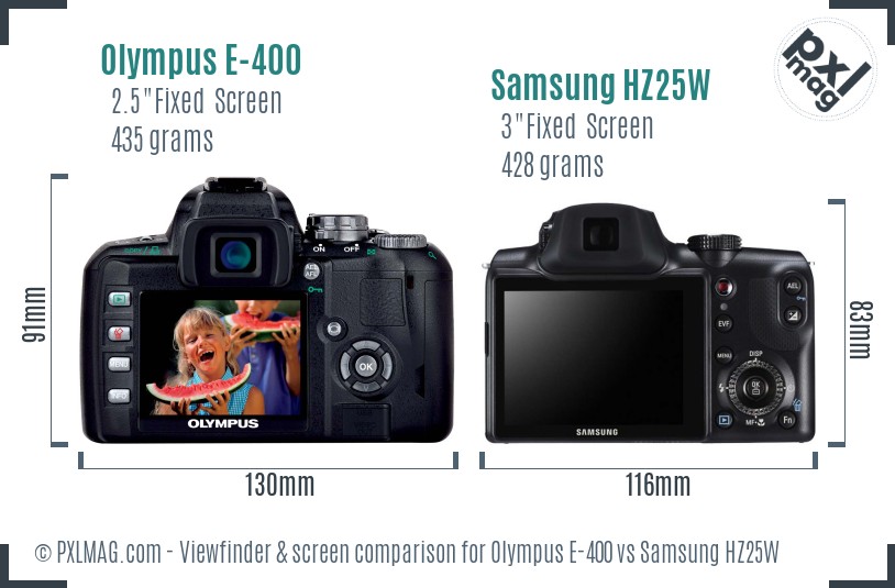 Olympus E-400 vs Samsung HZ25W Screen and Viewfinder comparison