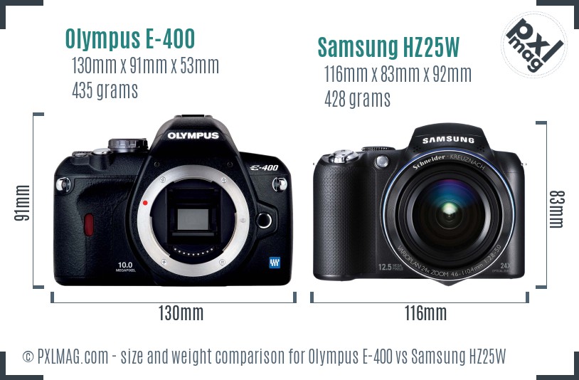Olympus E-400 vs Samsung HZ25W size comparison Olympus E-400 vs Samsung HZ25W size comparison