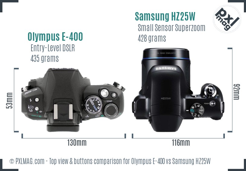 Olympus E-400 vs Samsung HZ25W top view buttons comparison