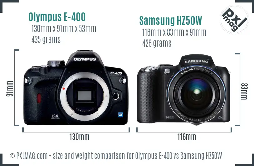 Olympus E-400 vs Samsung HZ50W size comparison Olympus E-400 vs Samsung HZ50W size comparison
