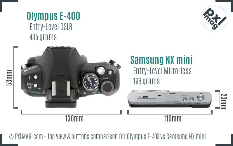 Olympus E-400 vs Samsung NX mini top view buttons comparison