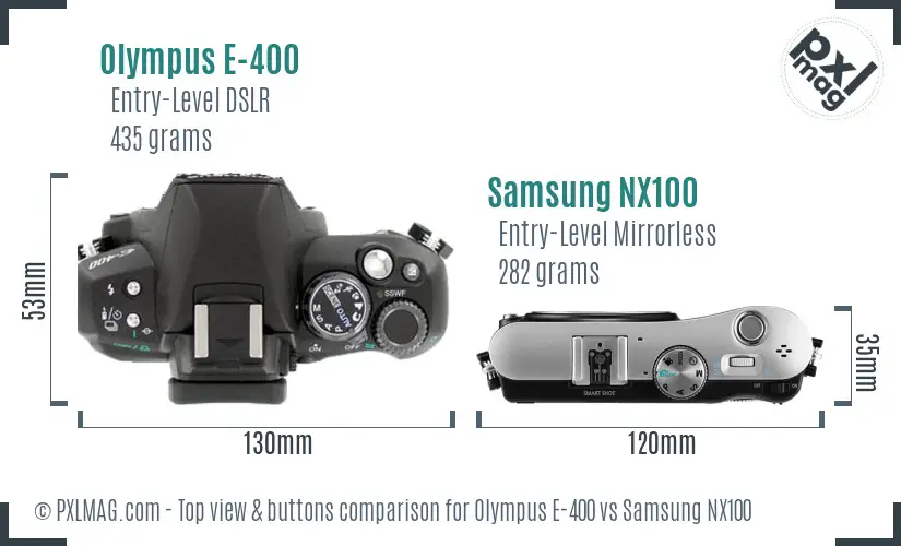 Olympus E-400 vs Samsung NX100 top view buttons comparison
