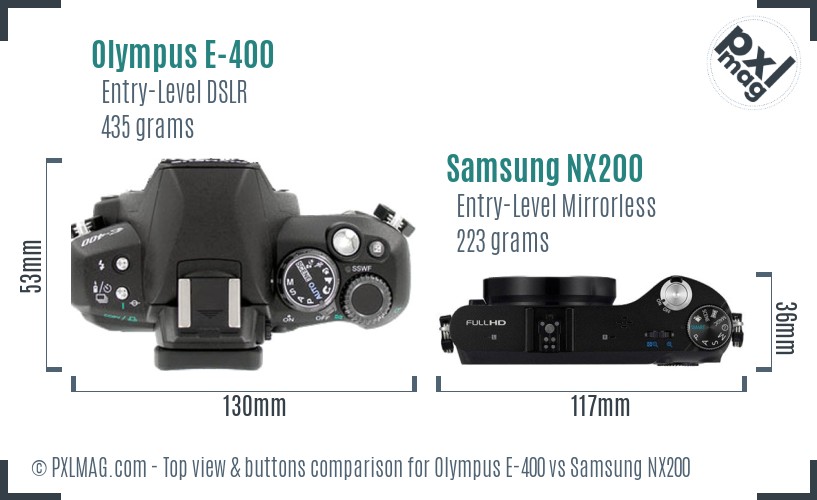 Olympus E-400 vs Samsung NX200 top view buttons comparison