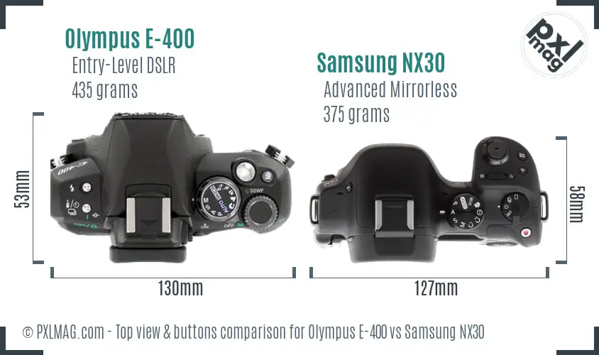 Olympus E-400 vs Samsung NX30 top view buttons comparison