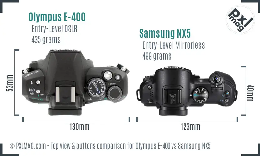 Olympus E-400 vs Samsung NX5 top view buttons comparison