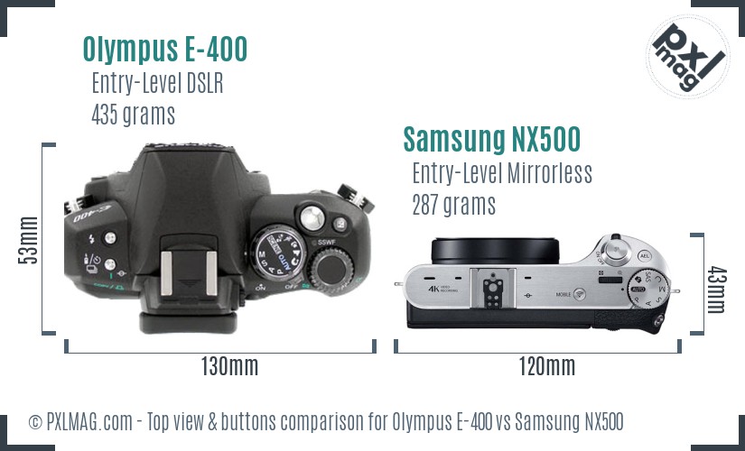 Olympus E-400 vs Samsung NX500 top view buttons comparison