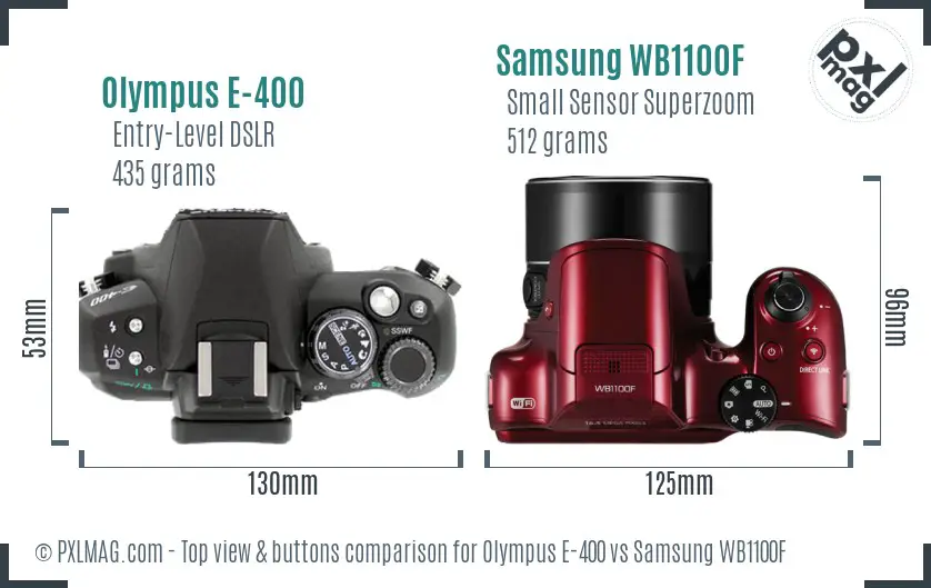 Olympus E-400 vs Samsung WB1100F top view buttons comparison