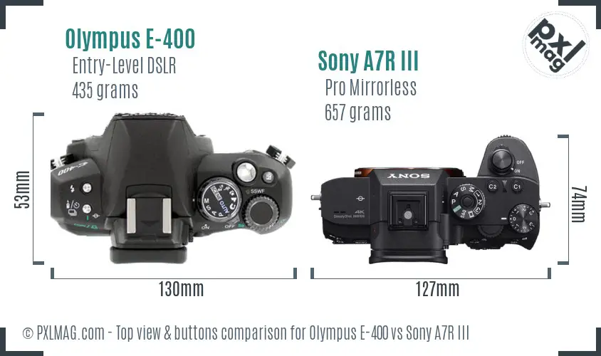 Olympus E-400 vs Sony A7R III top view buttons comparison