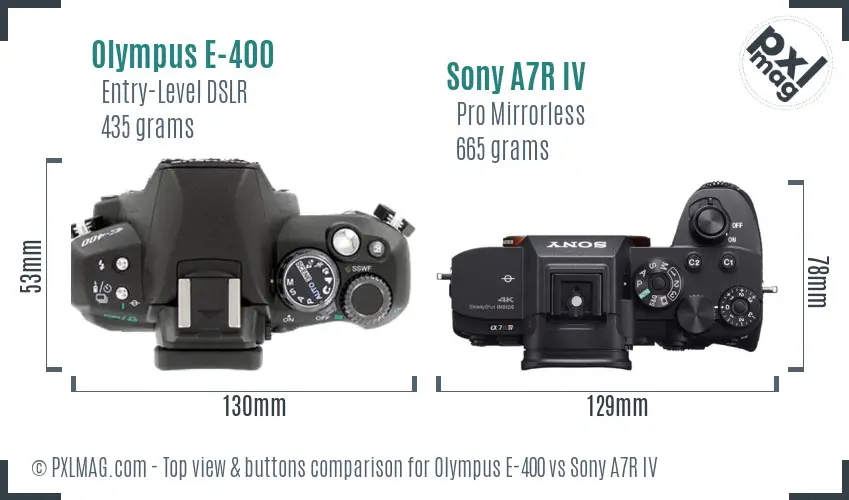 Olympus E-400 vs Sony A7R IV top view buttons comparison