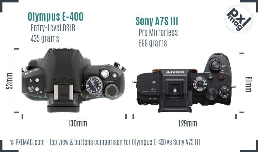 Olympus E-400 vs Sony A7S III top view buttons comparison